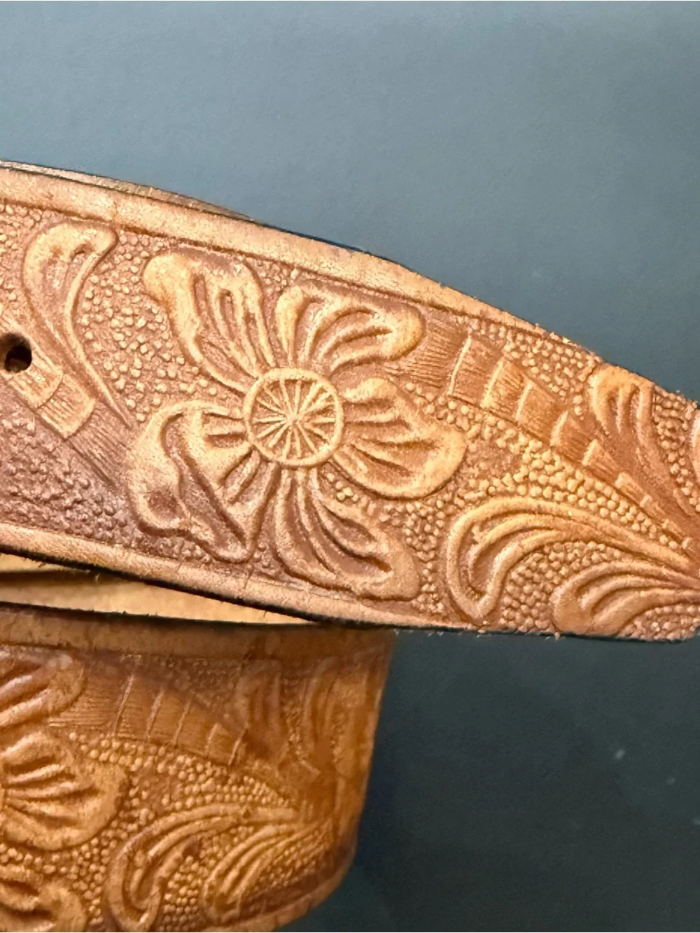 STEERHIDE Grain Bridle Brown Tooled Leather Silver Faux Turquoise Buckle Belt 36